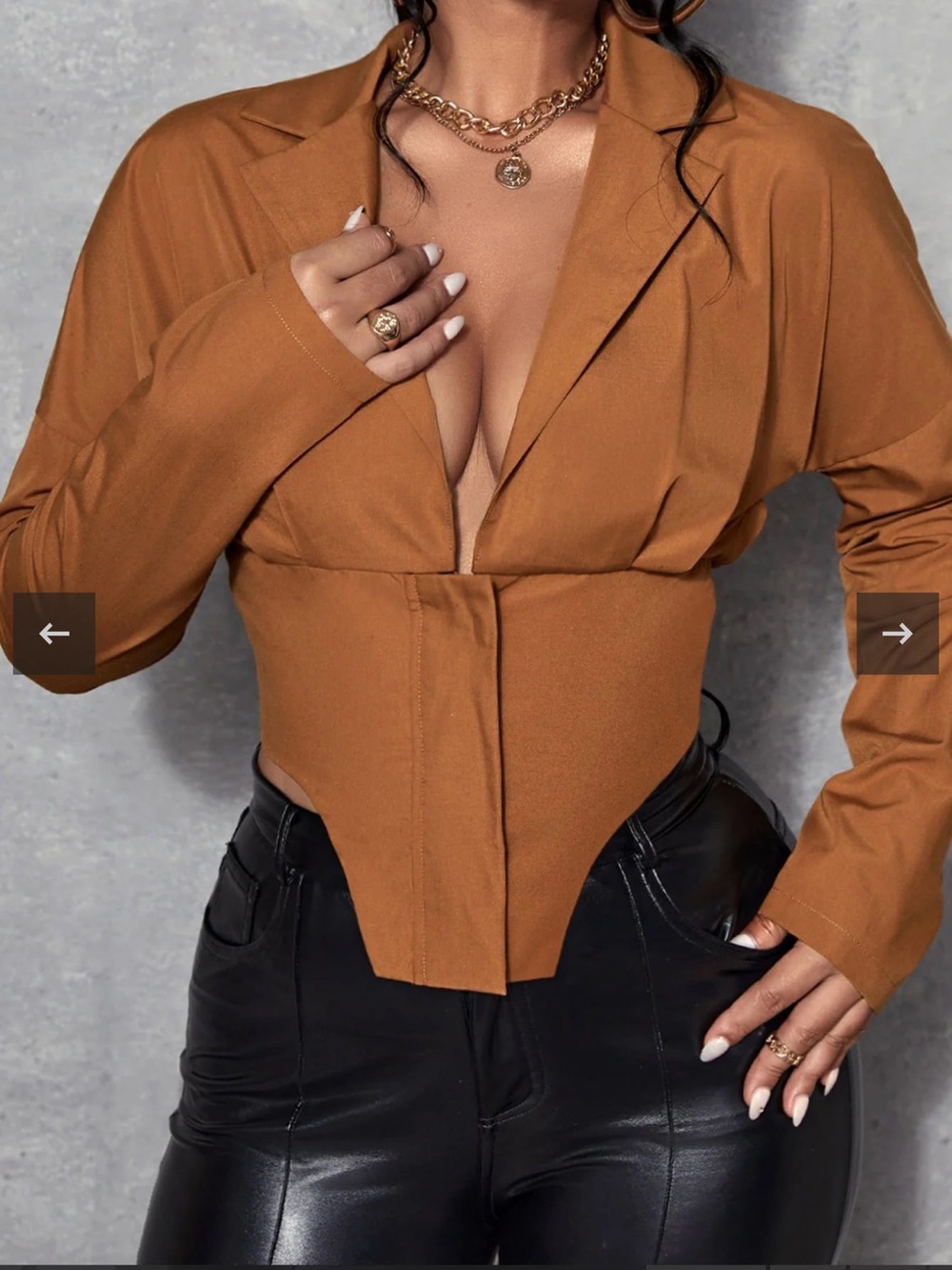 Brown V-Neck Low Cut Zip Waist Top